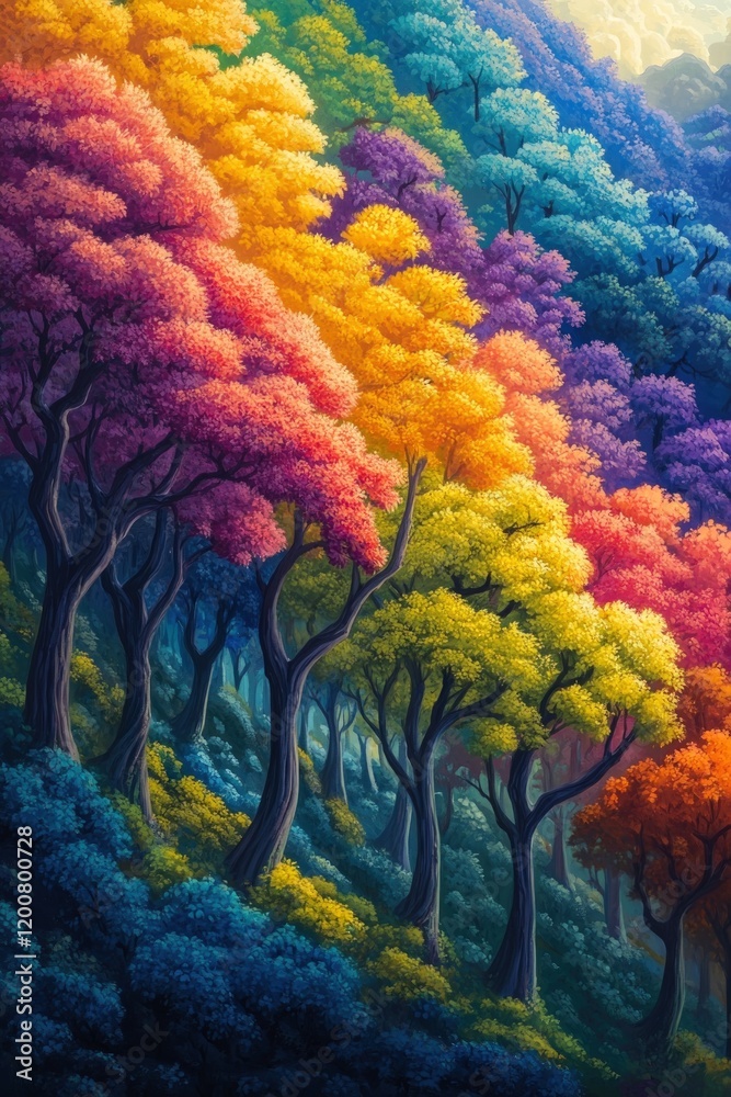 Fototapeta premium Rainbow forest, vibrant trees, magical landscape.