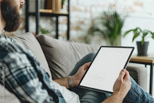 Side View of Male Office Worker Using Mock Up Tablet While Relaxed Sitting on Sofa in Living Room
