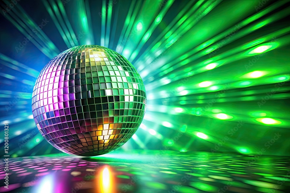 Fototapeta premium A spinning disco ball illuminates a green nightclub, showering shimmering light on a vibrant, festive dance party.