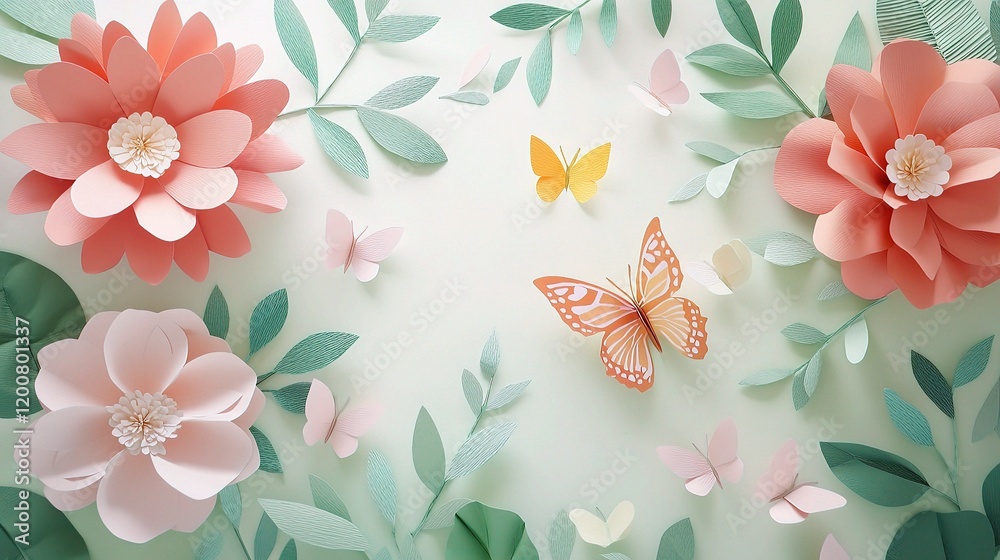 Obraz premium Paper Flowers and Butterflies: Delicate pastel paper flowers and intricately crafted paper butterflies create a charming, spring-like arrangement. A gentle, artistic scene perfect for cards.
