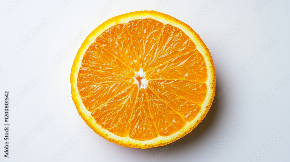 Fototapeta premium Single Orange Slice Isolated on a Clean White Background, Highlighting Freshness and Vibrant Color