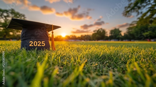 A graduation cap rests on grass at sunset, symbolizing achievement and new beginnings.
