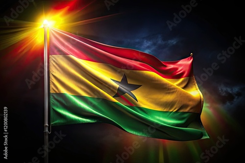 A vibrant flag, red, yellow, green, black stripes, waves proudly against the night, symbolizing unity and national pride. photo