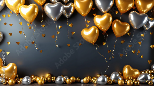 Floating Heart Balloons with Golden Highlights and Playful Decorations