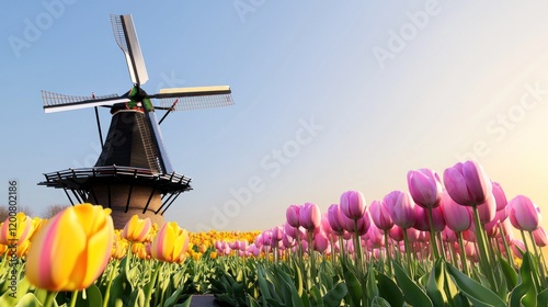 Wallpaper Mural Windmill surrounded by vibrant tulip fields under a clear sky. Torontodigital.ca