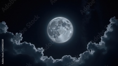 Close-up, eye-level view of a majestic moon at night, surrounded by scattered stars and framed by delicate cumulus clouds against a dark sky photo