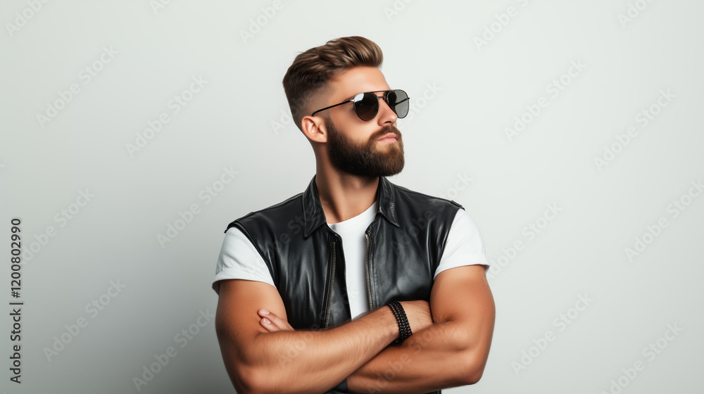 Obraz premium Stylish man posing with sunglasses in urban studio setting