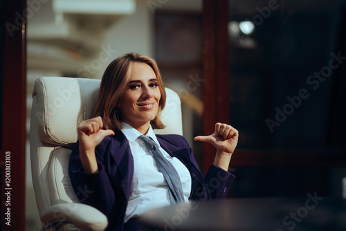 Confident Female Manager Pointing to herself in the Office. Boss showing self confidence in her leadership skills 
 photo