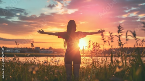 Silhouette of a woman with arms outstretched at sunset, representing freedom, peace, and optimism.