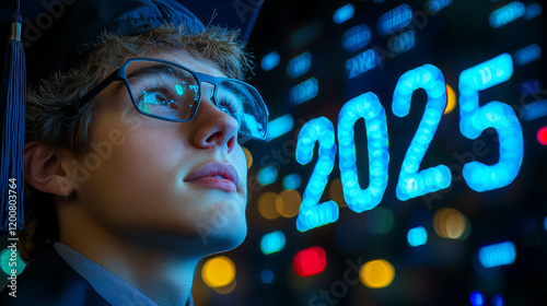A young graduate gazes upward, envisioning a bright future in 2025.