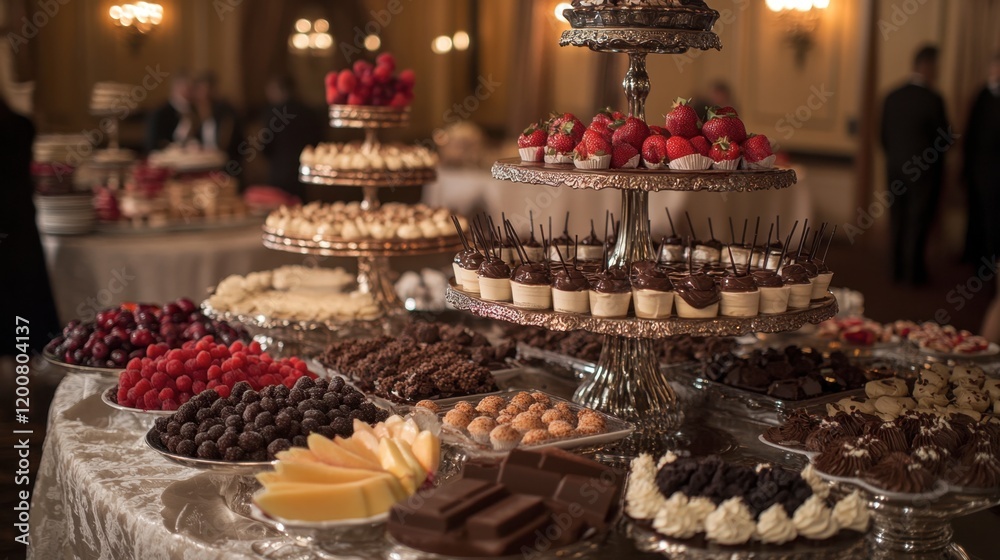 An indulgent spread of desserts with a chocolate fountain centerpiece, surrounded by fruit and confections in a luxurious banquet hall. An indulgent spread of desserts with a chocolate fountain centerpiece, surrounded by fruit and confections in a luxurious banquet hall.