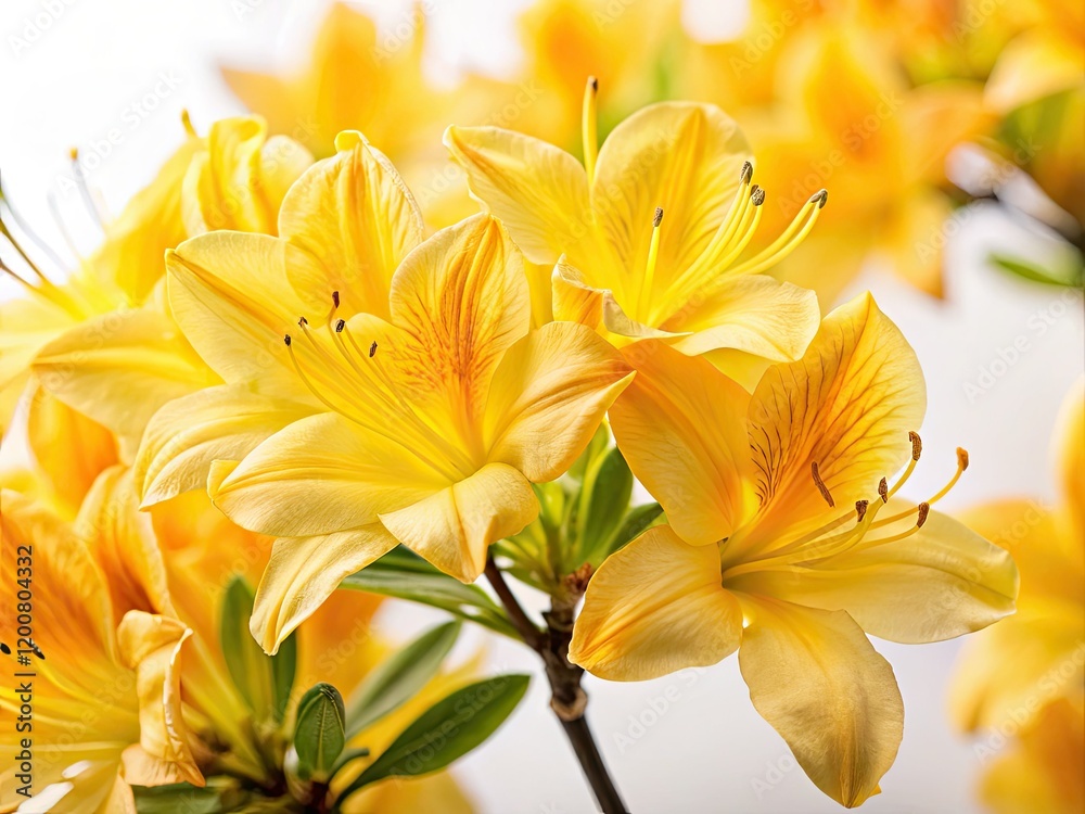 Fototapeta premium Capture breathtaking yellow azaleas against a stark white backdrop, even in dim light.