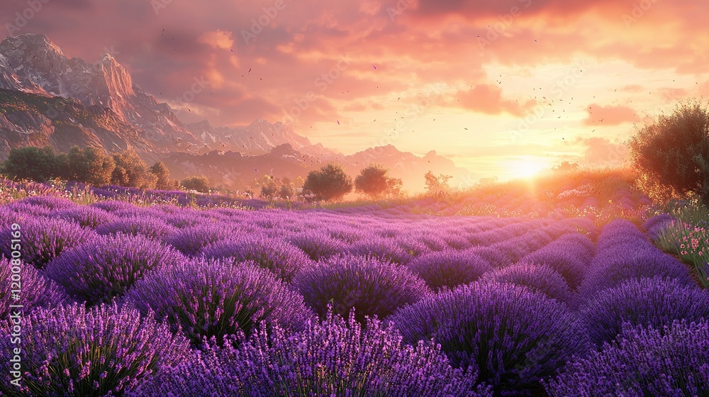 Sunset Lavender Field & Mountains