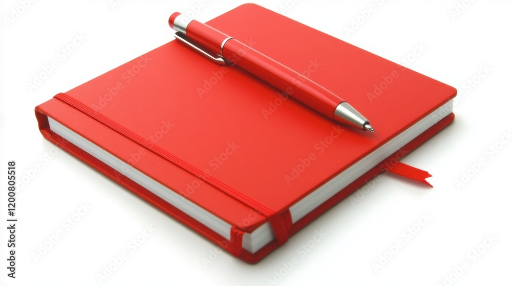 A bright red notebook with a matching pen on a clean white background, creating a bold and energetic setup. A bright red notebook with a matching pen on a clean white background, creating a bold and energetic setup.