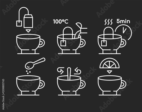 Instructions for preparing, brewing tea, set of icons