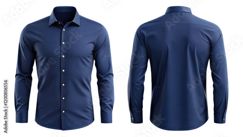 navy blue formal shirt mockup front and back view template isolated on transparent white background, clipping path
