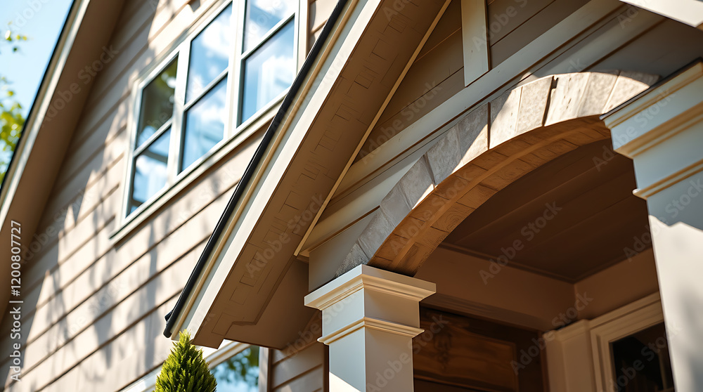 Fototapeta premium Elegant Home Exterior: Modern Architectural Design and Classic Style. High-end Real Estate Property with a Stunning Porch and Brick Accents.