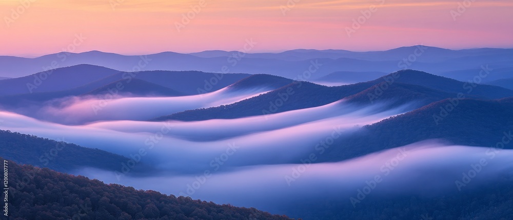 Obraz premium Serene sunrise over misty mountains, showcasing rolling hills and soft clouds in the background