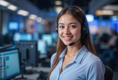 A woman in a customer support call center, equipped with a headset, engaged in a conversation