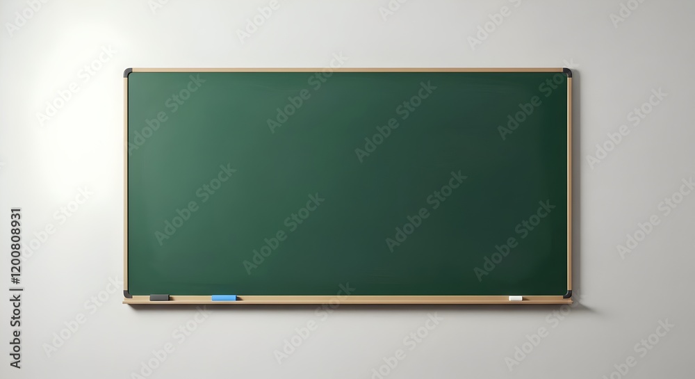 Unwritten green chalkboard encased in wood, positioned in a bare classroom, prepared for teaching purposes Unwritten green chalkboard encased in wood, positioned in a bare classroom, prepared for teaching purposes