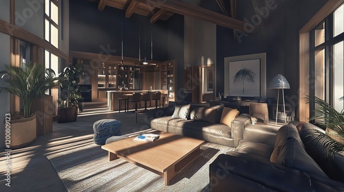Sunlit Modern Living Room: A spacious and luxurious living room design, featuring a stylish leather sectional sofa, a low wooden coffee table.