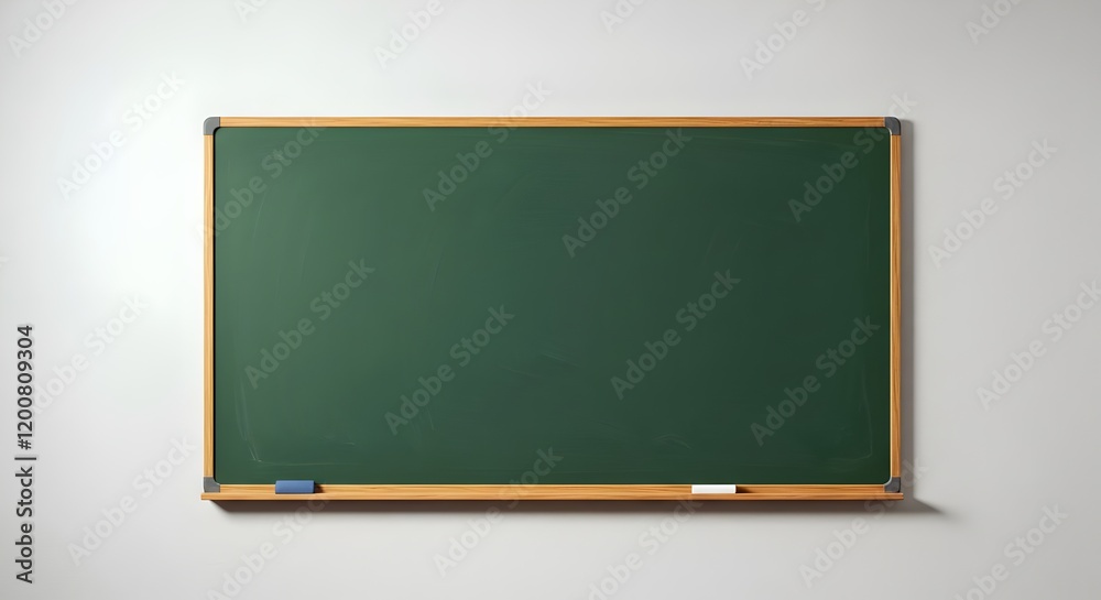 A pristine green chalkboard framed in wood, situated in a simple classroom, awaiting educational content. A pristine green chalkboard framed in wood, situated in a simple classroom, awaiting educational content.