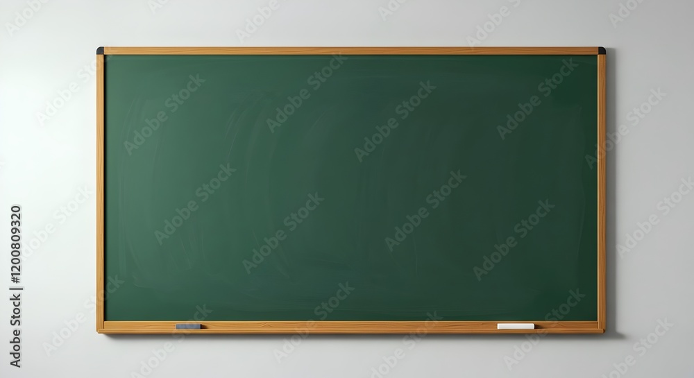 An empty green chalkboard with a wooden frame, set in a minimalist classroom, clean and unmarked, ready for educational use An empty green chalkboard with a wooden frame, set in a minimalist classroom, clean and unmarked, ready for educational use