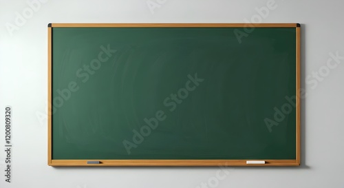 An empty green chalkboard with a wooden frame, set in a minimalist classroom, clean and unmarked, ready for educational use