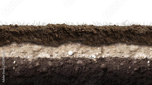 The image shows a cross-section of soil exhibiting distinct layers topsoil subsoil and a layer of rock and gravel.  A thin layer of grass is visible at the top.