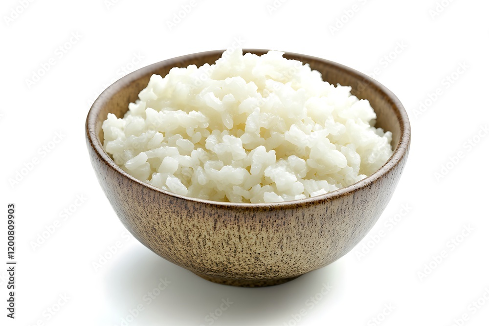 Cooked white rice in a wooden bowl against white background Cooked white rice in a wooden bowl against white background
