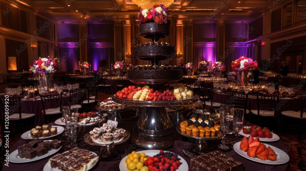 A grand dessert table featuring a chocolate fountain, surrounded by an array of fruit and pastries in a luxurious event space.
