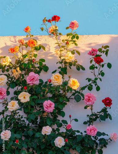 A wall with colorful roses growing on it, in shades of pink, red, and yellow, against a blue sky on a sunny day. photo