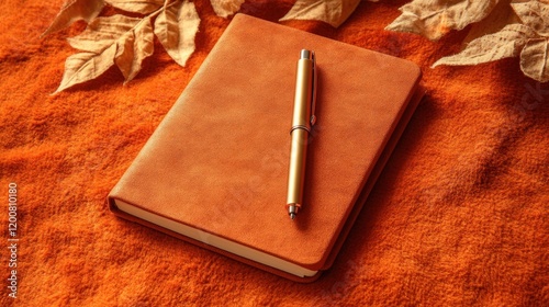 A hardbound notebook with a metallic pen on an orange background, perfect for autumn-inspired themes.