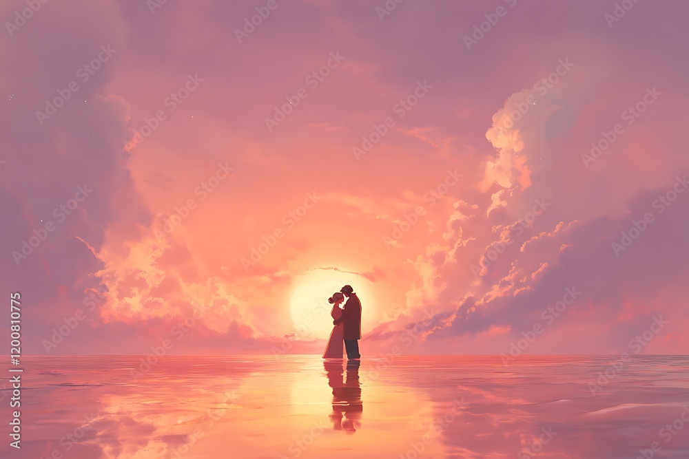 Fototapeta premium Romantic Couple Embraces at Sunset Over a Field