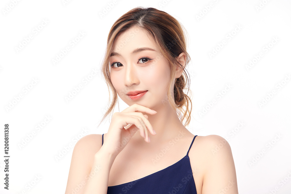 Naklejka premium Beautiful young asian woman with clean fresh skin on white background, Face care, Facial treatment, Cosmetology, beauty and spa, Asian women portrait.