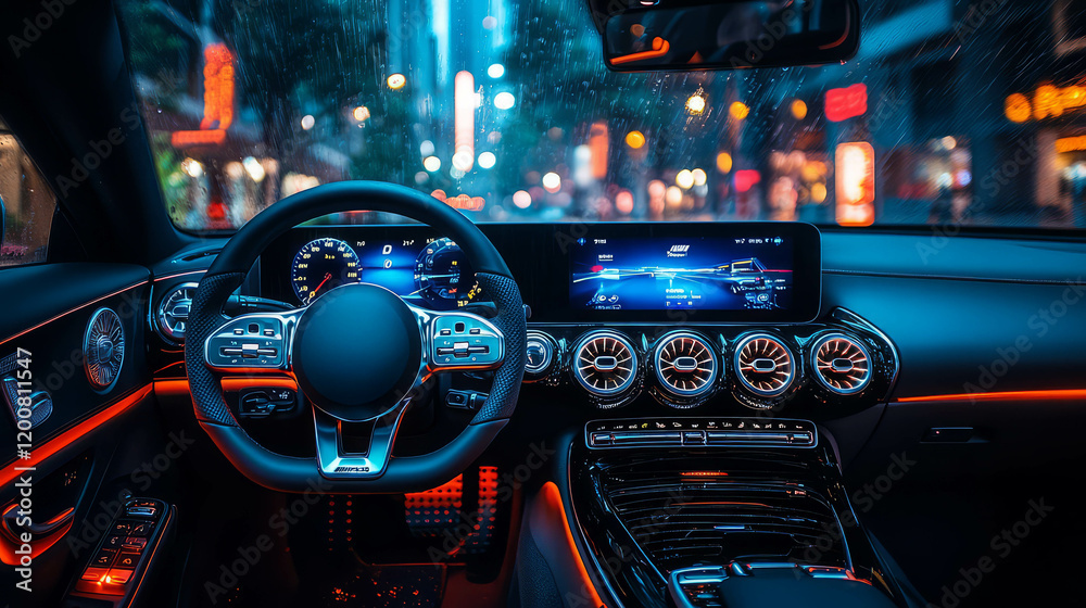 Stylish and modern car interior featuring advanced technology and vibrant city lights. Stylish and modern car interior featuring advanced technology and vibrant city lights.