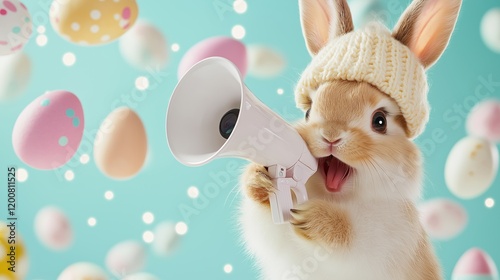 A cute happy bunny wearing a hat, holding a pink megaphone, surrounded by colorful Easter eggs