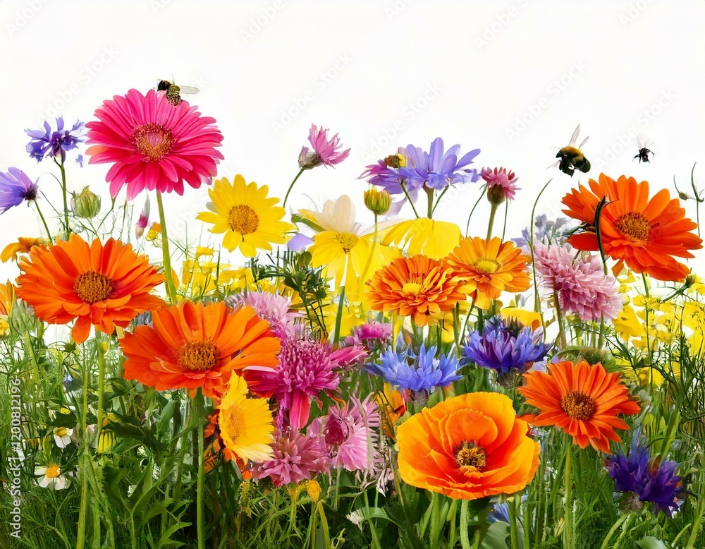 Fototapeta premium Colorful meadow and garden flowers with insects