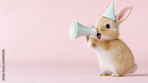 A cute bunny wearing a striped party hat, holding a megaphone on a soft pink background. Speaks loudly into a microphone, promotion, sale and discounts, message and important information