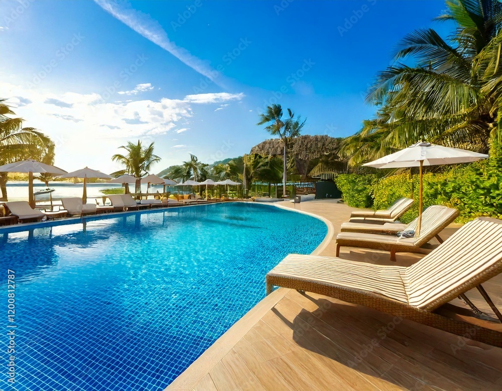 Empty swimming pool with sunbed around outdoor swimming Empty swimming pool with sunbed around outdoor swimming