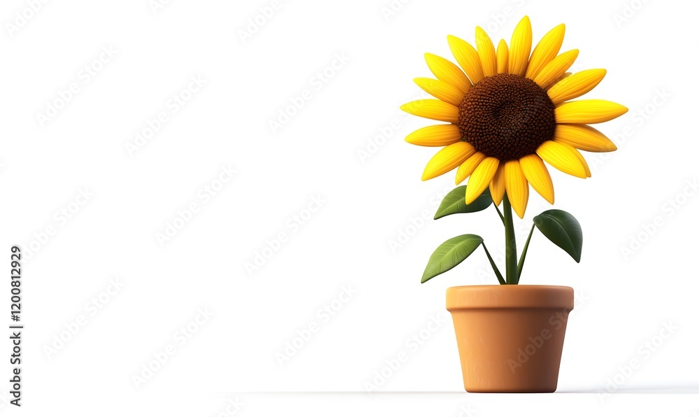 Obraz premium Cartoon sunflower in terracotta pot on white.