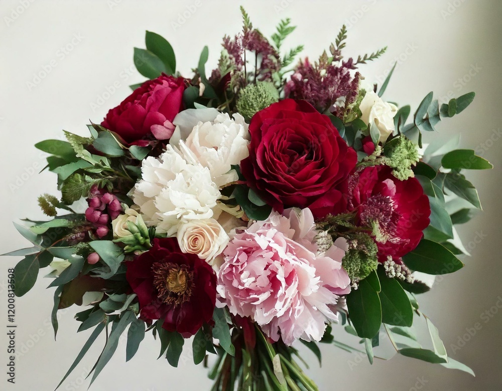 Floral banner arranged from leaves and flowers. Peony, greenery and roses card. Stylish fashion frame. Dusty pink light. Wedding design. Blush, green, white, burgundy tones. Isolated and editable