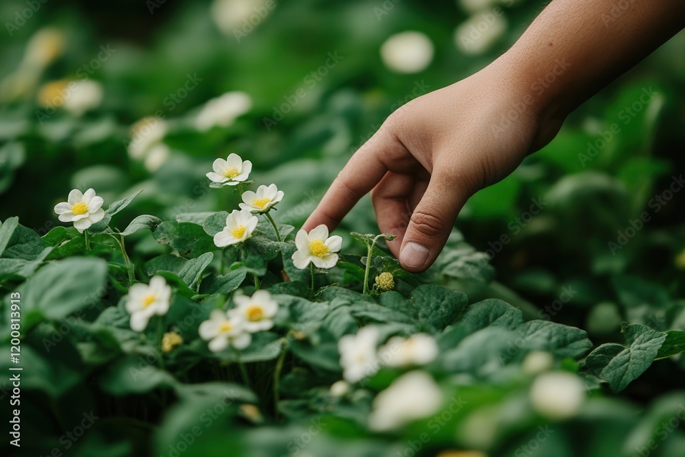Child's hand touching strawberry blossoms in field Child's hand touching strawberry blossoms in field