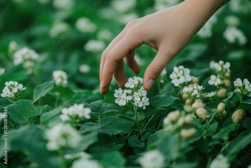 Hand touching potato blossoms in field, rural background, spring Hand touching potato blossoms in field, rural background, spring