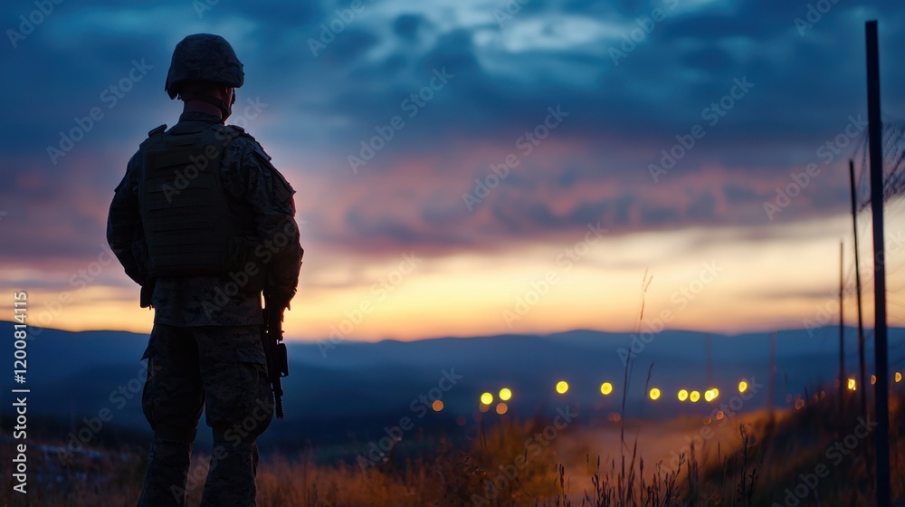 A soldier stands on a hill overlooking a valley A soldier stands on a hill overlooking a valley