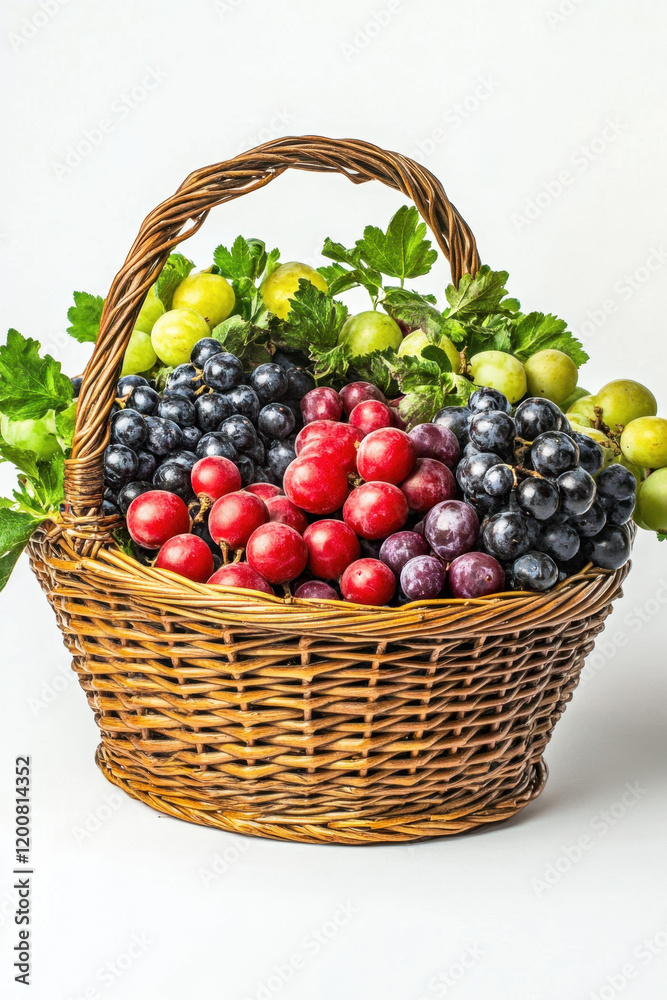 A wicker basket brimming with a vibrant assortment of grapes in red, green, and black hues, displayed against a plain background, showcasing freshness and abundance. A wicker basket brimming with a vibrant assortment of grapes in red, green, and black hues, displayed against a plain background, showcasing freshness and abundance.