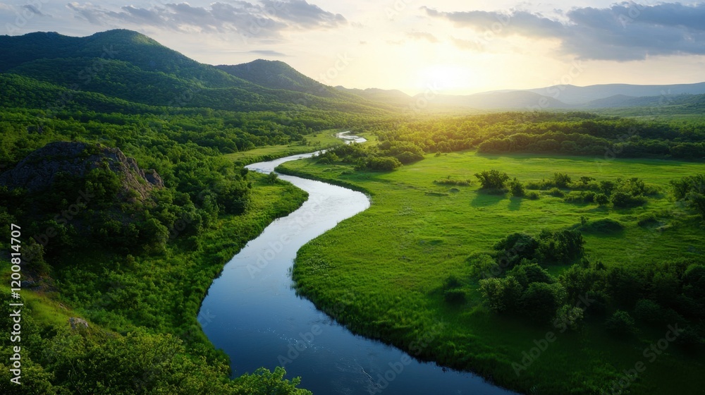 Fototapeta premium A river runs through a lush green valley