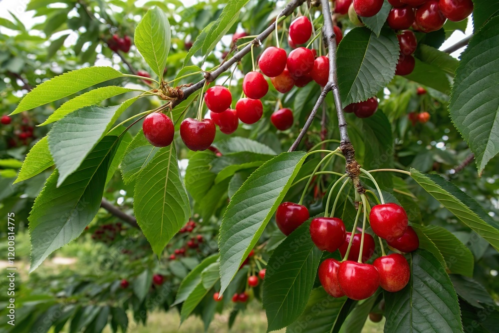 Ripe cherries hanging on branch. Fresh fruit harvest Ripe cherries hanging on branch. Fresh fruit harvest
