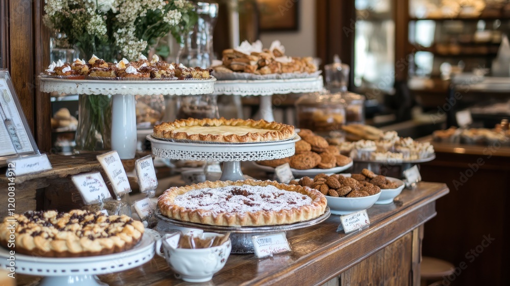 Fototapeta premium A picturesque dessert table with an assortment of pies and cookies, styled with vintage china in a cozy, high-end caf.