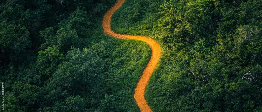 Serpentine dirt path winding through lush green forest under soft sunlight, inviting exploration Serpentine dirt path winding through lush green forest under soft sunlight, inviting exploration